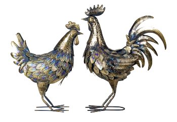 Metal cock and hen standing blue/golden