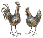 Metal cock and hen standing blue/golden
