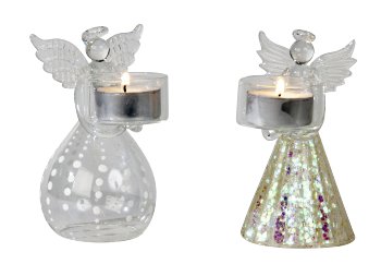 Glass angel standing with glass T-light