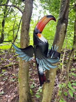 Metal toucan with holder for hanging on