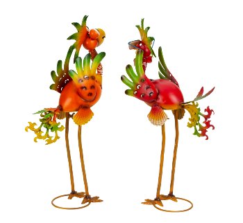 Metal bird colorful standing h=55+56cm