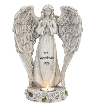 Tomb angel standing with words "Wir