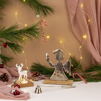 Angel + deer on wooden base f. T-light