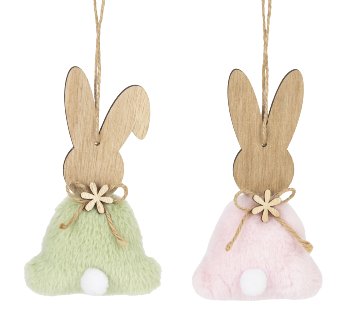 Holz-Osterhase mit Fell in grün & rosa